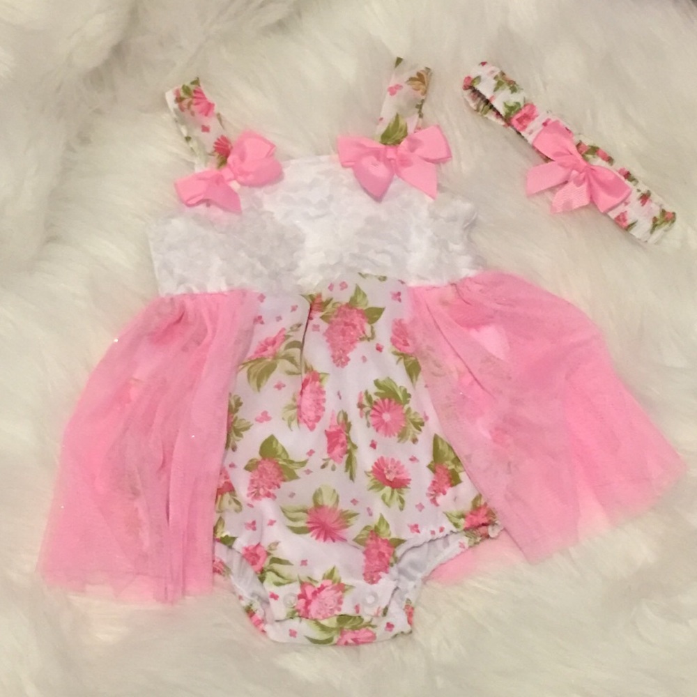12 month sparkle onesie w/ attached skirt/headband